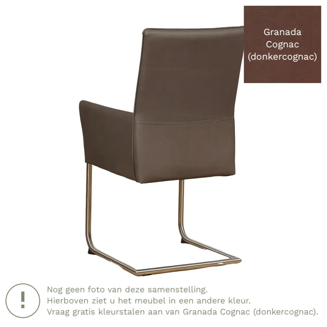 afbeelding van Leren eetkamerstoel Rumor - Granada Cognac (donkercognac) - Sledepoot staal rond RVS