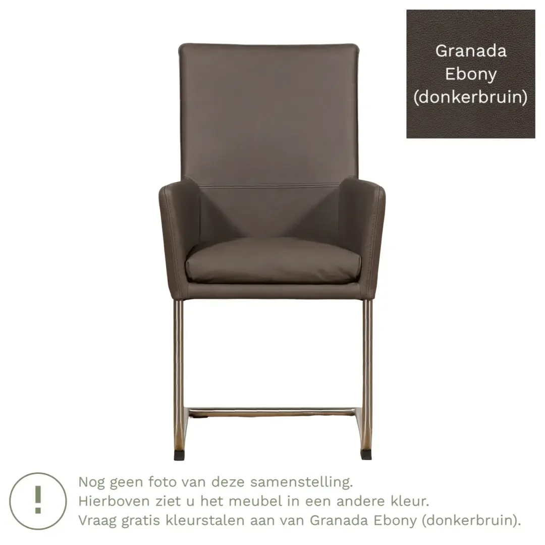 afbeelding van Leren eetkamerstoel Rumor - Granada Ebony (donkerbruin) - Sledepoot staal rond RVS