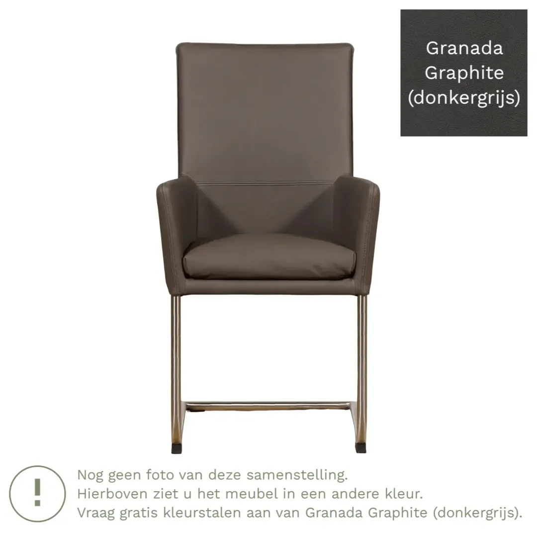 afbeelding van Leren eetkamerstoel Rumor - Granada Graphite (donkergrijs) - Sledepoot staal rond RVS