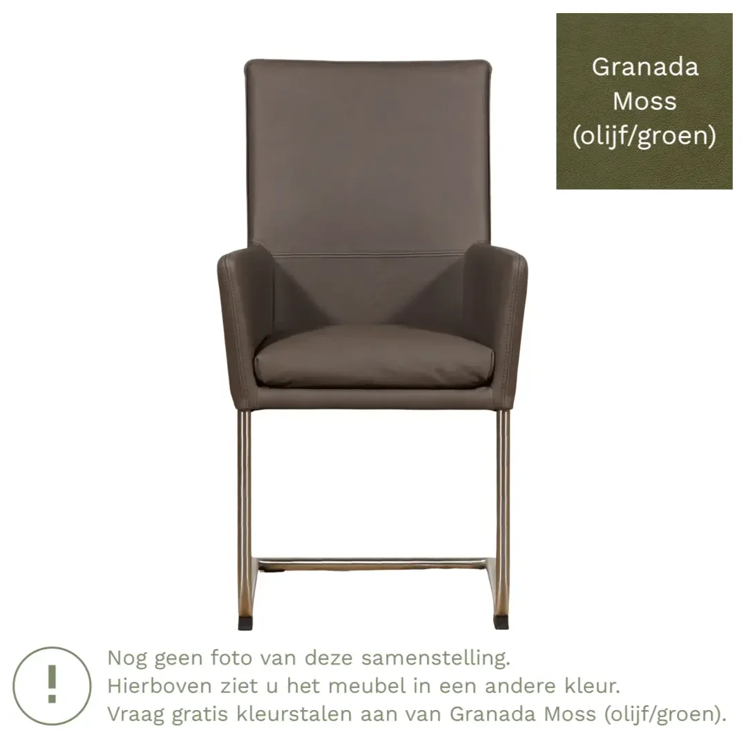 afbeelding van Leren eetkamerstoel Rumor - Granada Moss (olijf/groen) - Sledepoot staal rond RVS