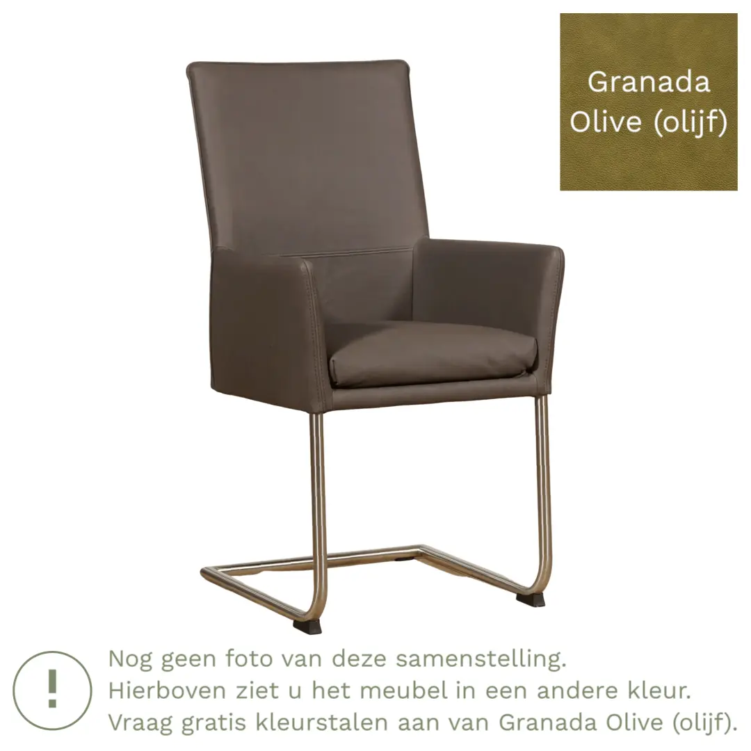 afbeelding van Leren eetkamerstoel Rumor - Granada Olive (olijf) - Sledepoot staal rond RVS