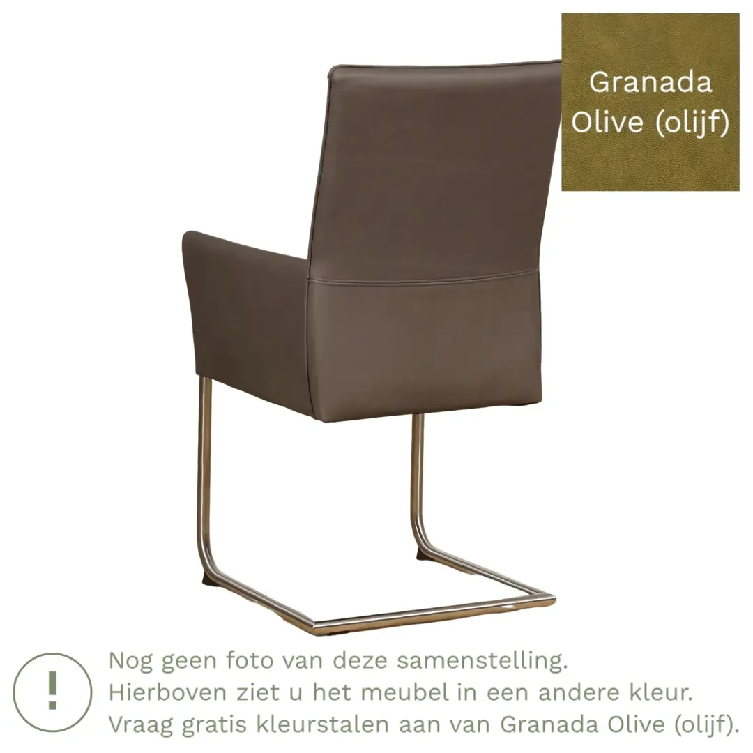 afbeelding van Leren eetkamerstoel Rumor - Granada Olive (olijf) - Sledepoot staal rond RVS