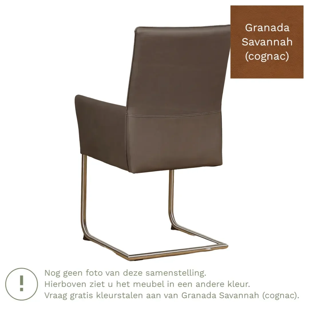 afbeelding van Leren eetkamerstoel Rumor - Granada Savannah (cognac) - Sledepoot staal rond RVS