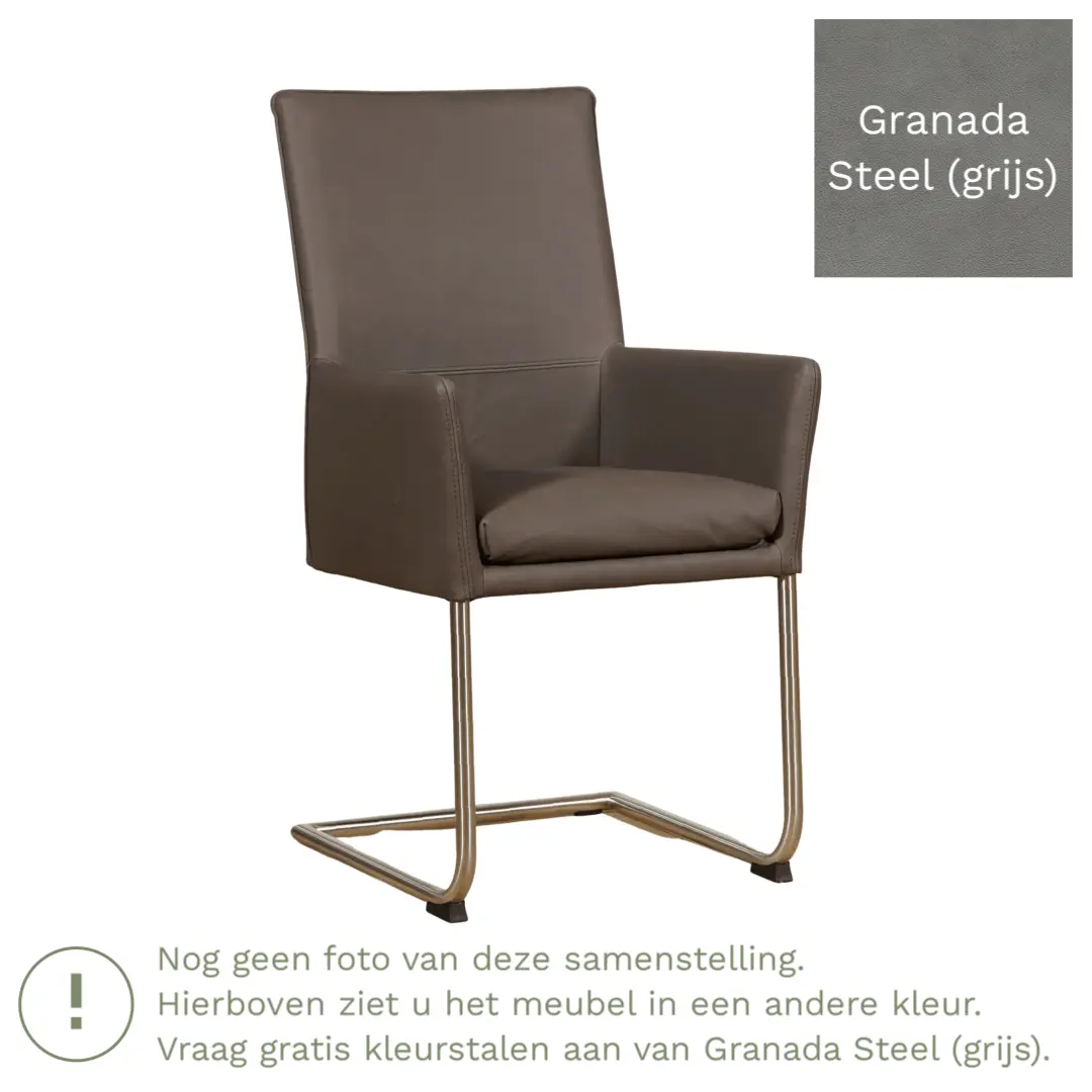 afbeelding van Leren eetkamerstoel Rumor - Granada Steel (grijs) - Sledepoot staal rond zwart
