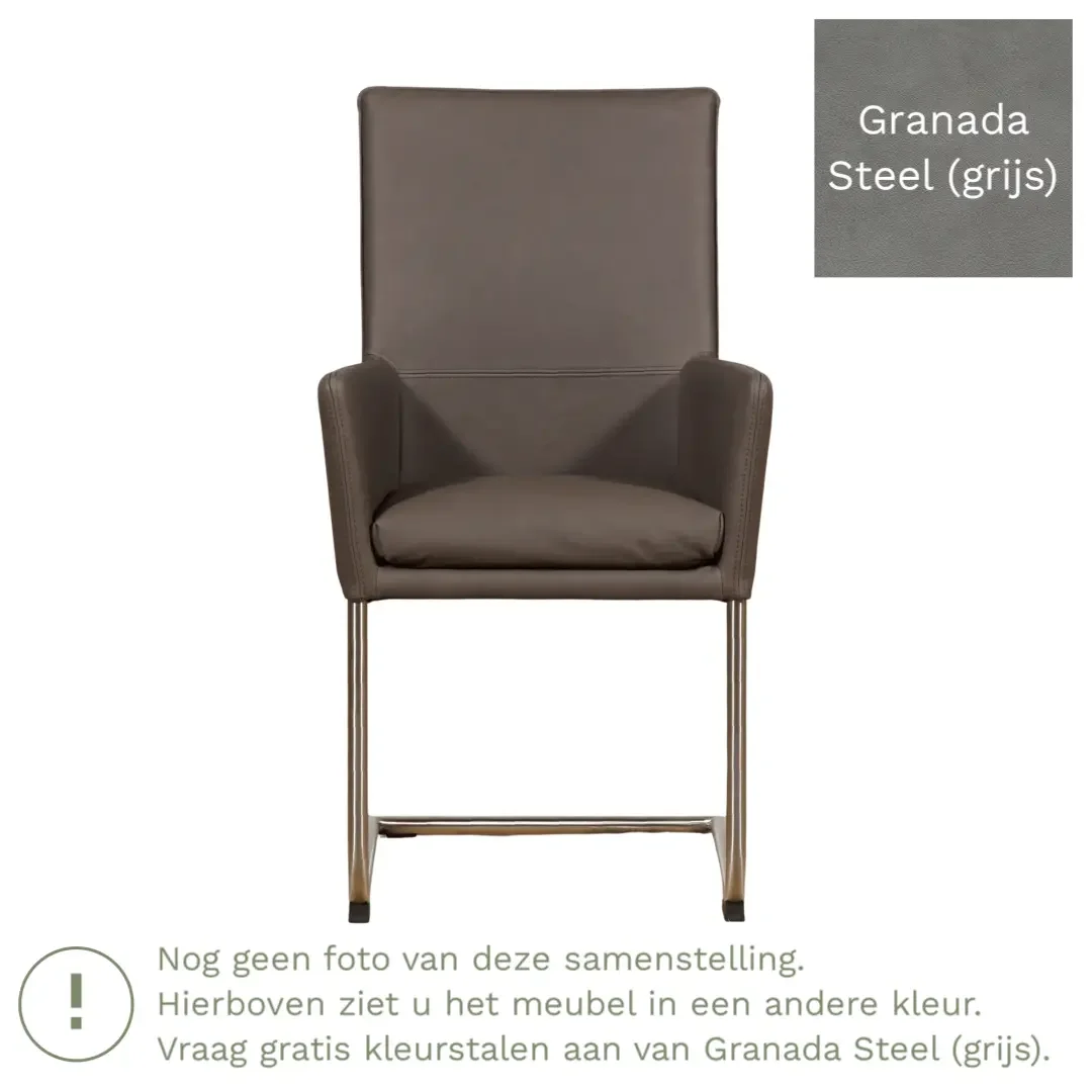 afbeelding van Leren eetkamerstoel Rumor - Granada Steel (grijs) - Sledepoot staal rond zwart