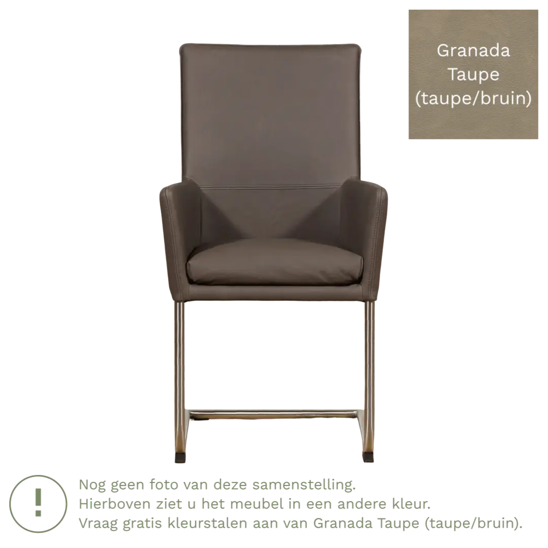 afbeelding van Leren eetkamerstoel Rumor - Granada Taupe (taupe/bruin) - Sledepoot staal rond RVS