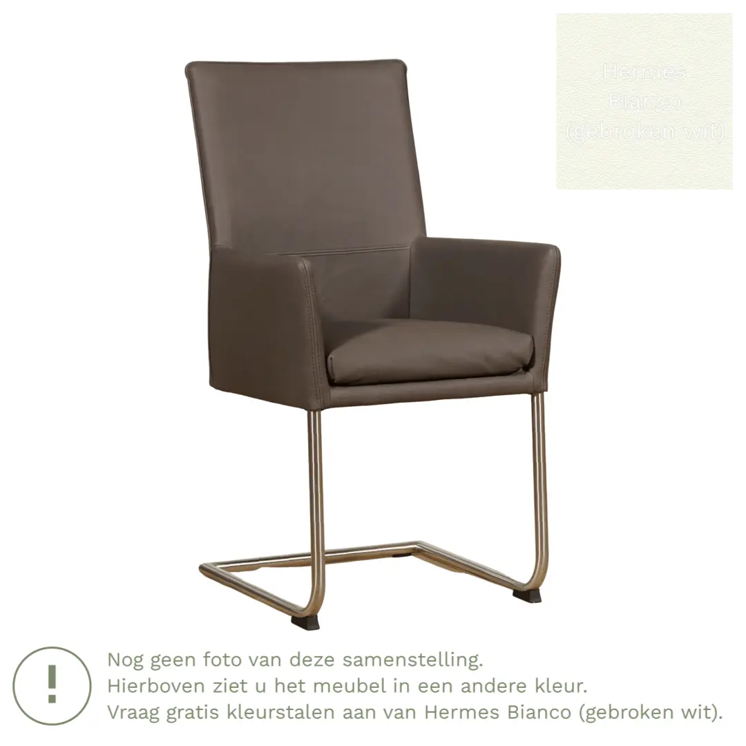 afbeelding van Leren eetkamerstoel Rumor - Hermes Bianco (gebroken wit) - Sledepoot staal rond zwart