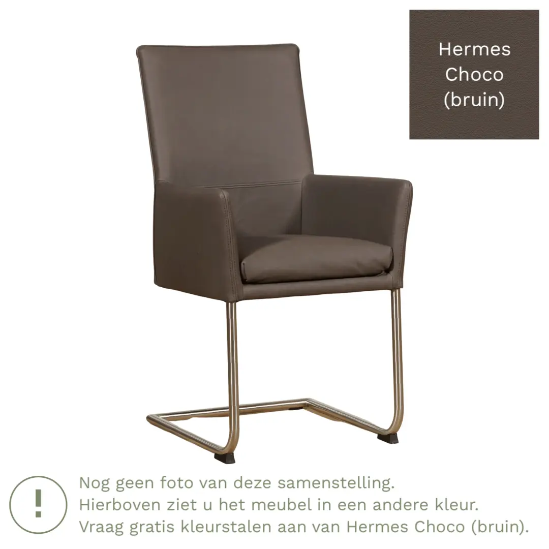 afbeelding van Leren eetkamerstoel Rumor - Hermes Choco (bruin) - Sledepoot staal rond RVS