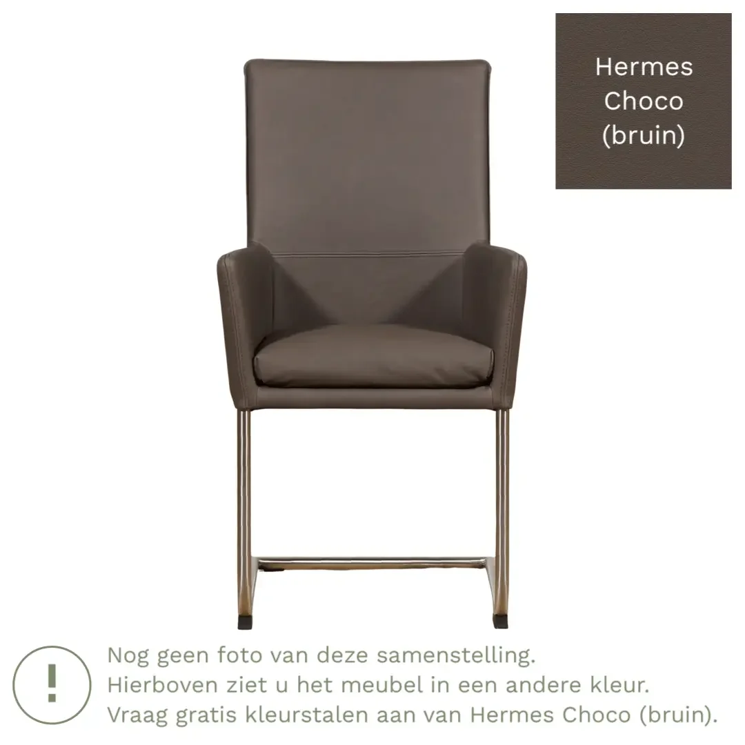 afbeelding van Leren eetkamerstoel Rumor - Hermes Choco (bruin) - Sledepoot staal rond zwart