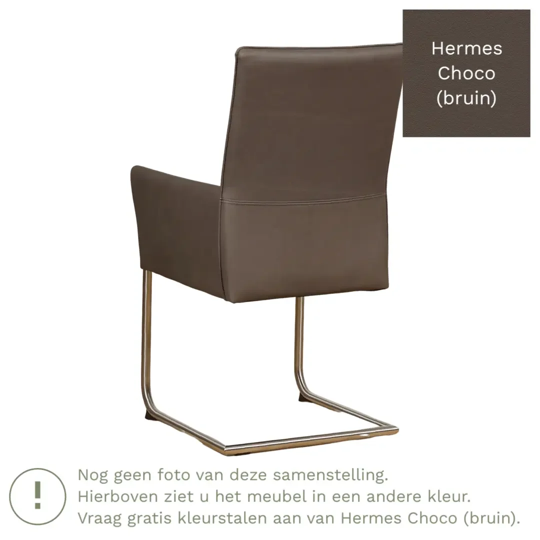 afbeelding van Leren eetkamerstoel Rumor - Hermes Choco (bruin) - Sledepoot staal rond zwart