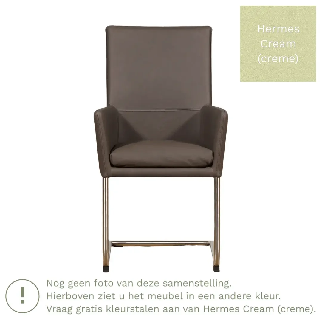 afbeelding van Leren eetkamerstoel Rumor - Hermes Cream (crème) - Sledepoot staal rond zwart