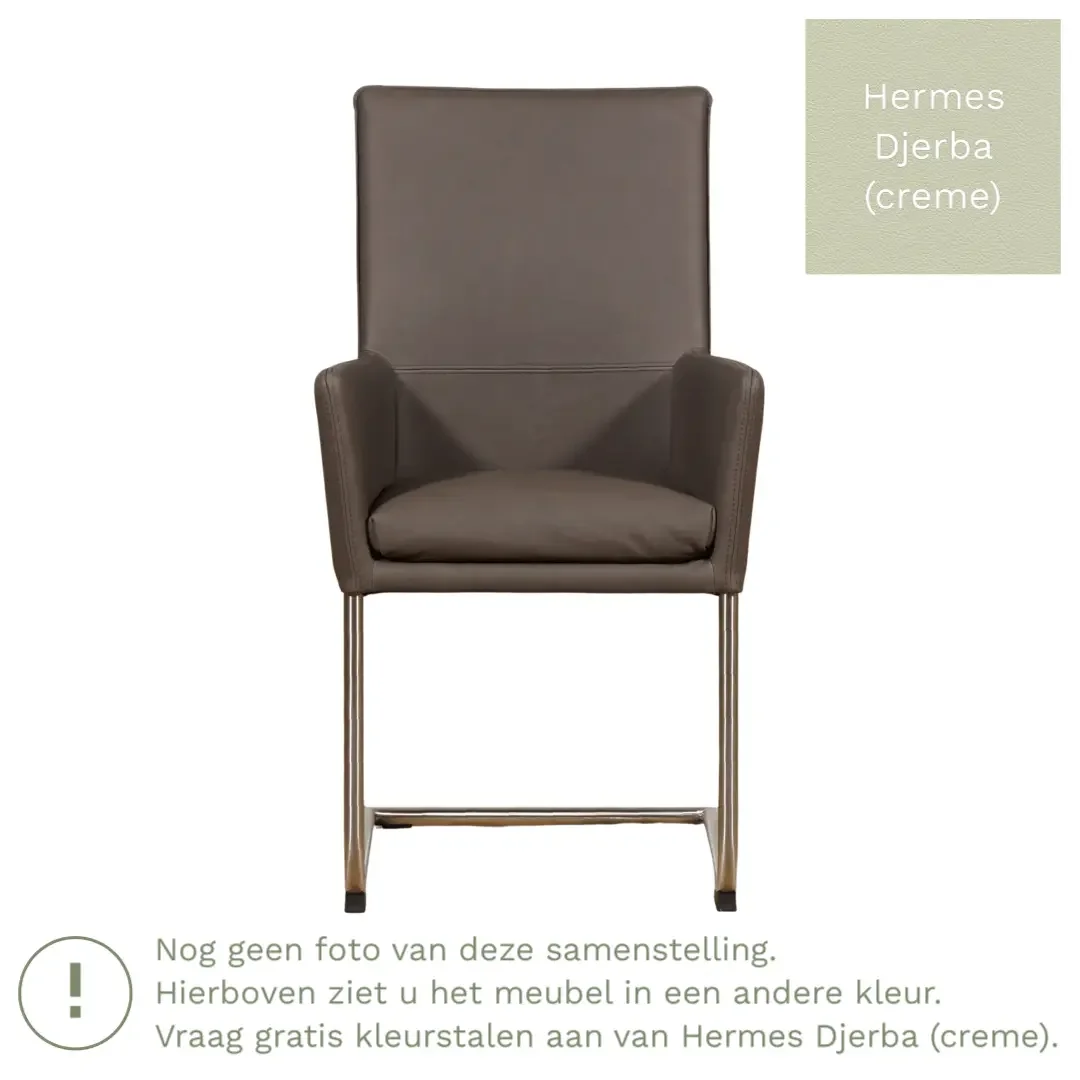 afbeelding van Leren eetkamerstoel Rumor - Hermes Djerba (crème) - Sledepoot staal rond RVS