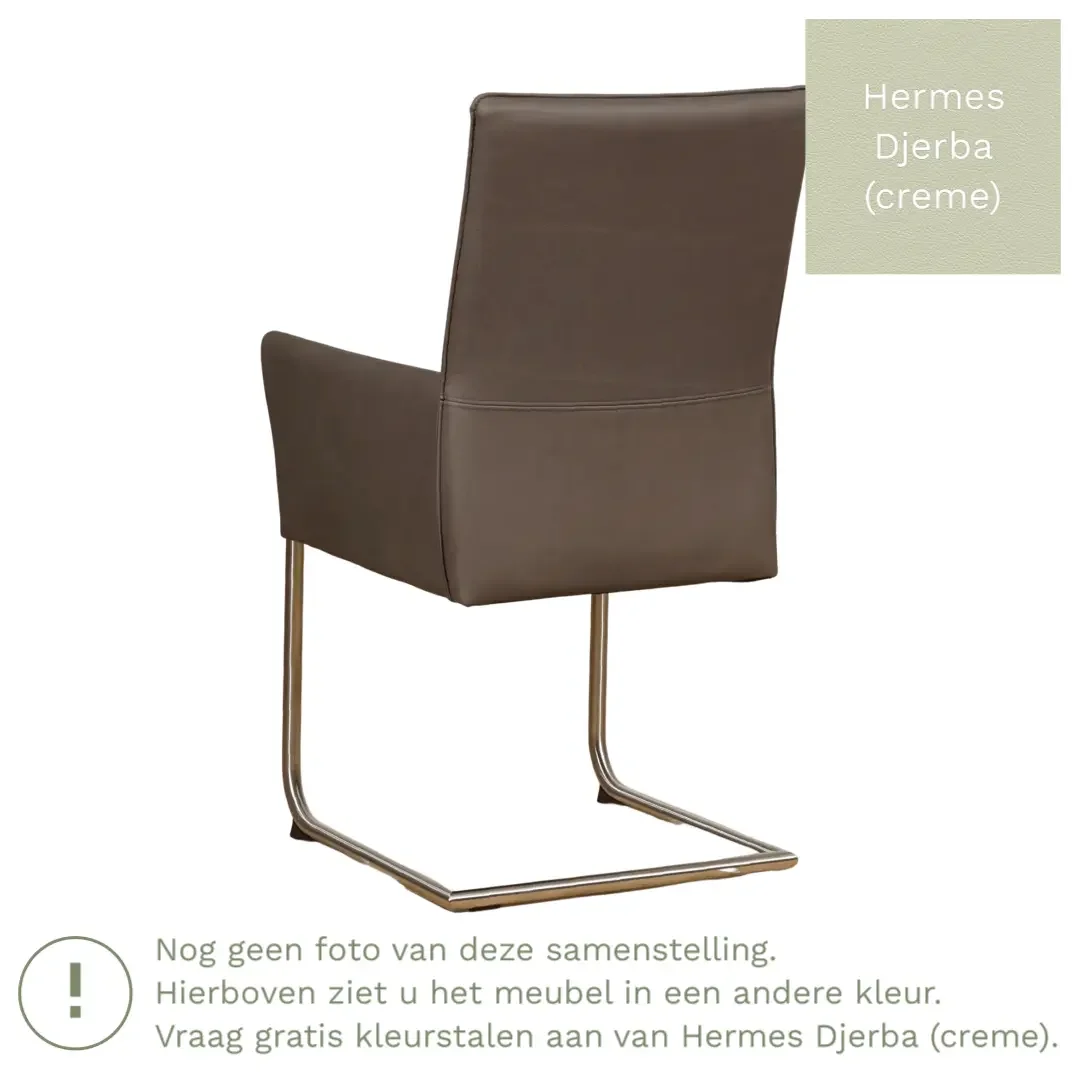 afbeelding van Leren eetkamerstoel Rumor - Hermes Djerba (crème) - Sledepoot staal rond RVS