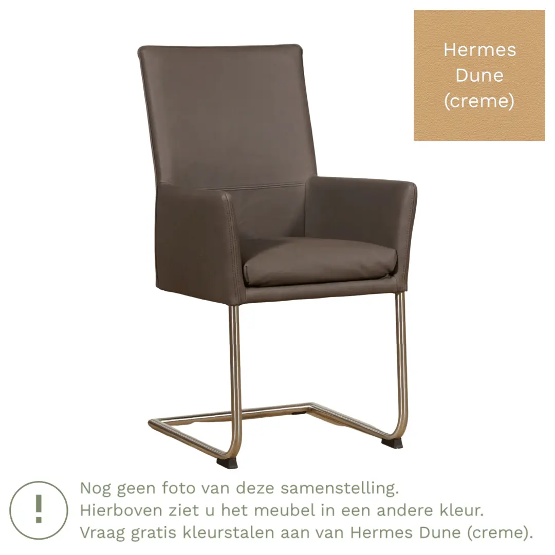 afbeelding van Leren eetkamerstoel Rumor - Hermes Dune (crème) - Sledepoot staal rond RVS
