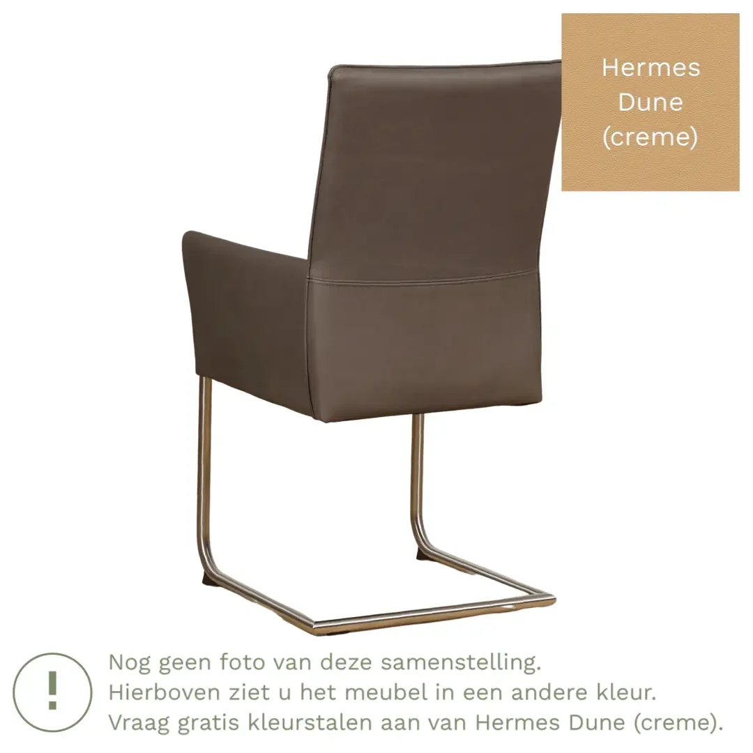 afbeelding van Leren eetkamerstoel Rumor - Hermes Dune (crème) - Sledepoot staal rond RVS