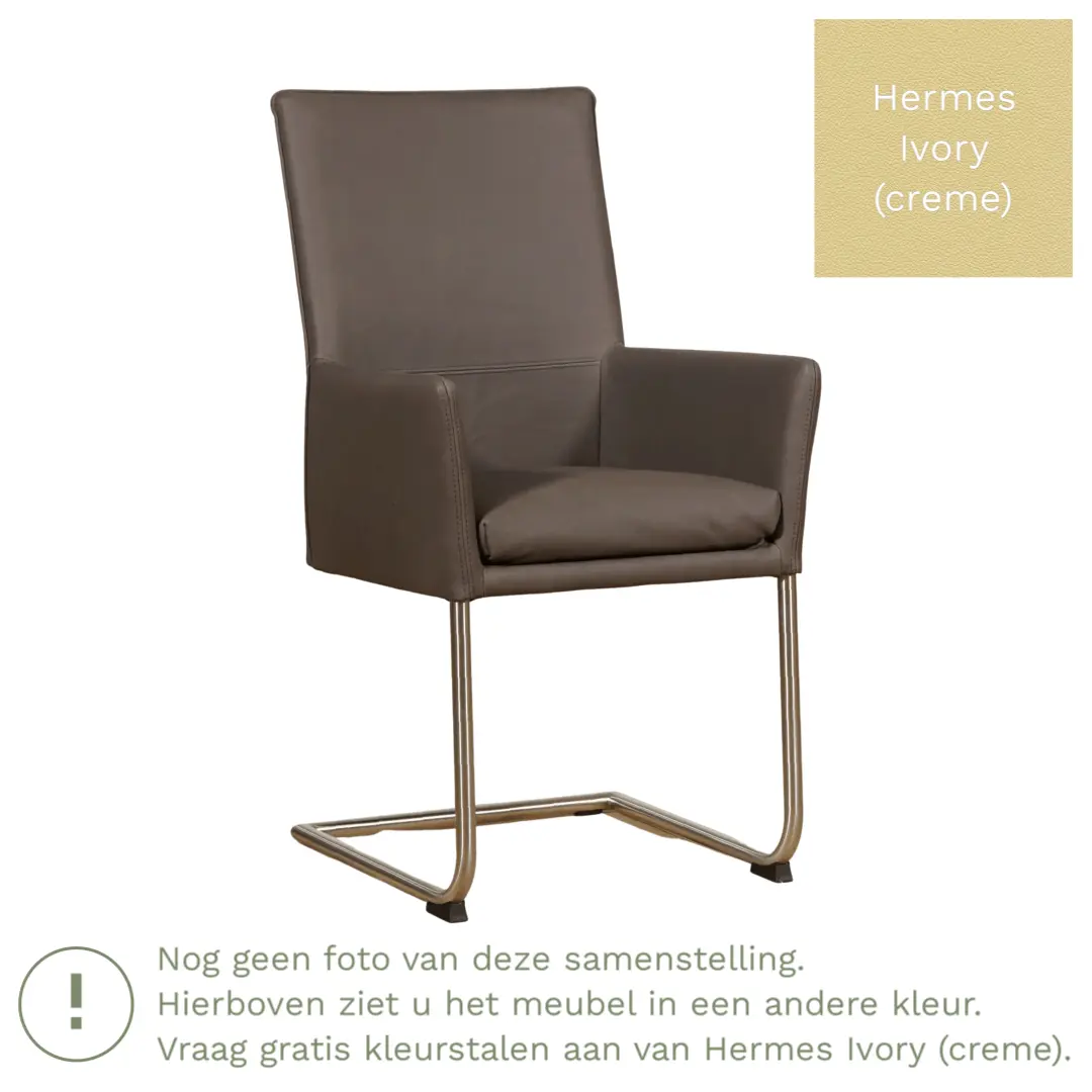 afbeelding van Leren eetkamerstoel Rumor - Hermes Ivory (crème) - Sledepoot staal rond RVS