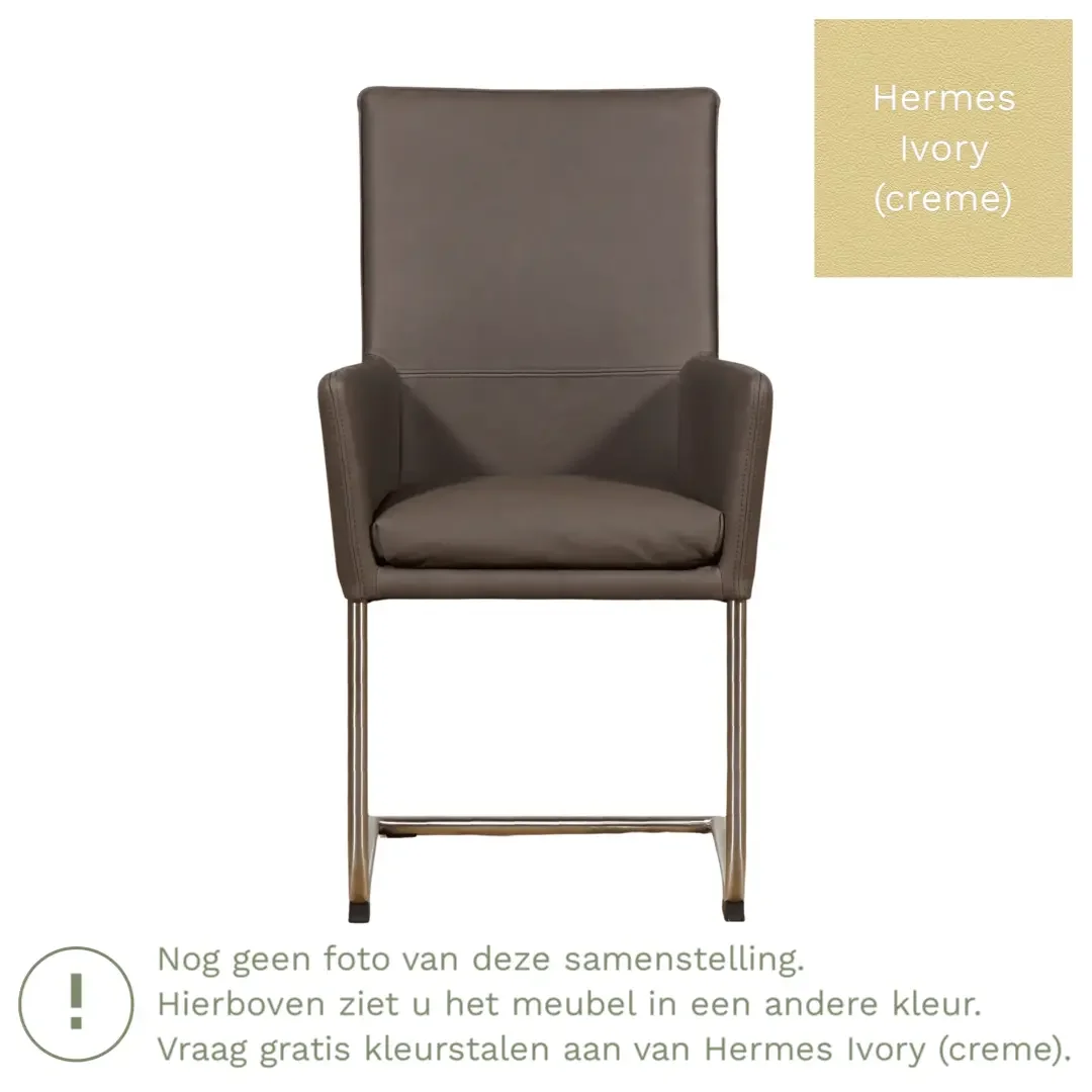 afbeelding van Leren eetkamerstoel Rumor - Hermes Ivory (crème) - Sledepoot staal rond zwart