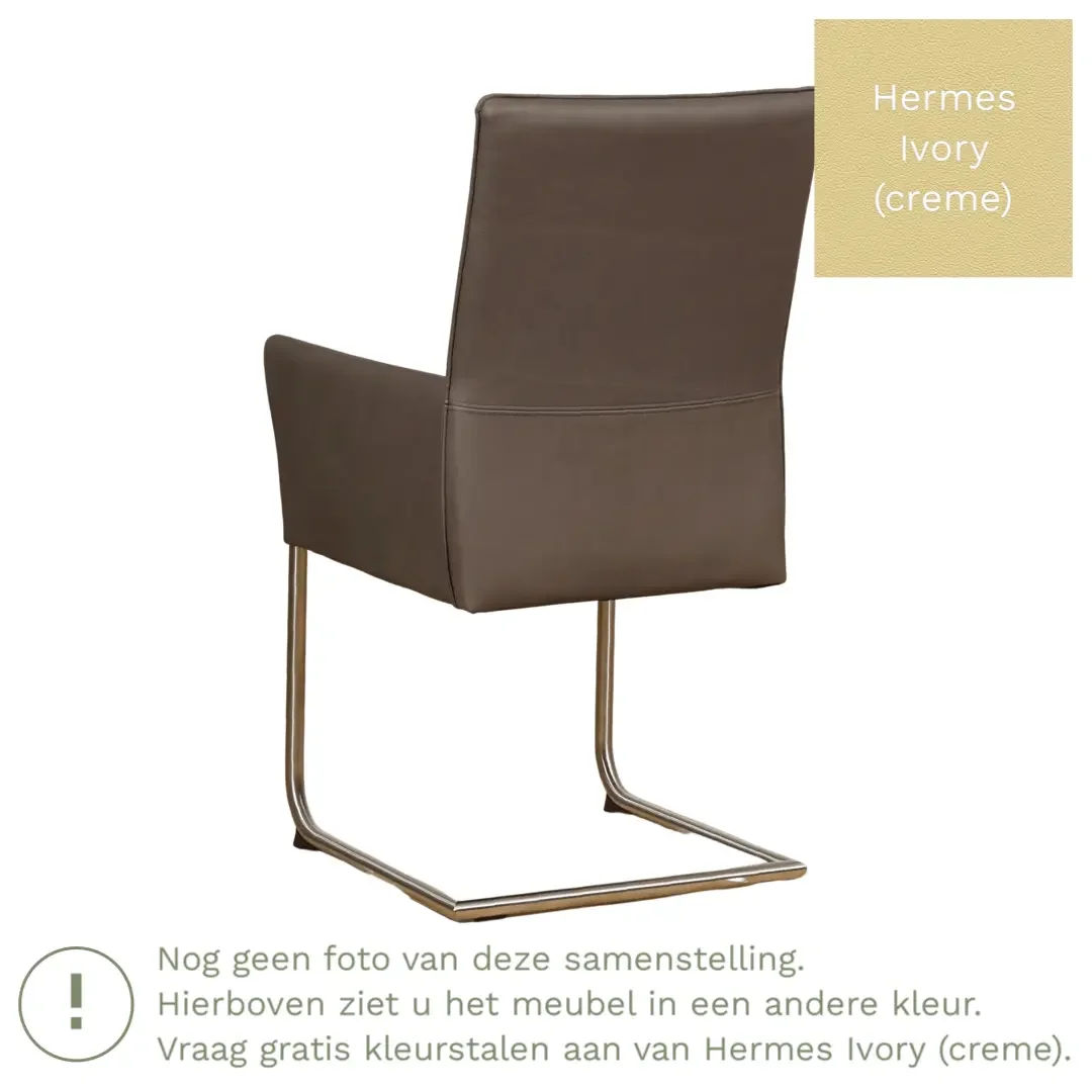 afbeelding van Leren eetkamerstoel Rumor - Hermes Ivory (crème) - Sledepoot staal rond zwart