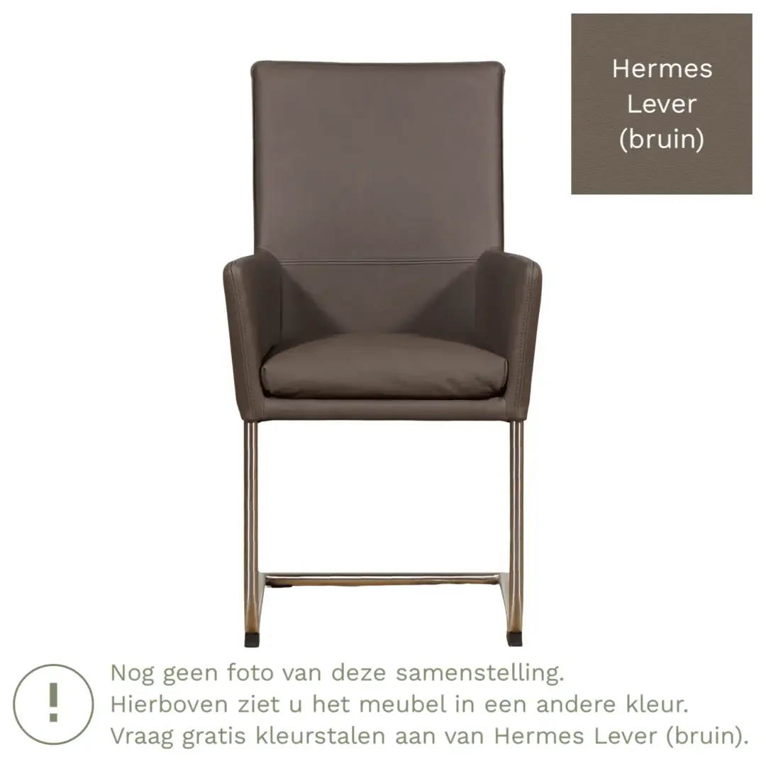 afbeelding van Leren eetkamerstoel Rumor - Hermes Lever (bruin) - Sledepoot staal rond RVS