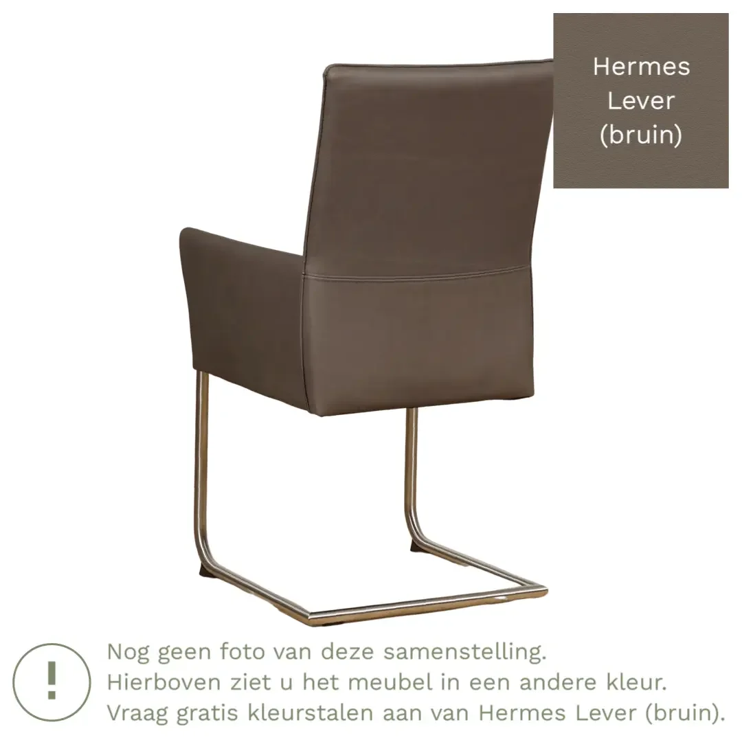 afbeelding van Leren eetkamerstoel Rumor - Hermes Lever (bruin) - Sledepoot staal rond RVS
