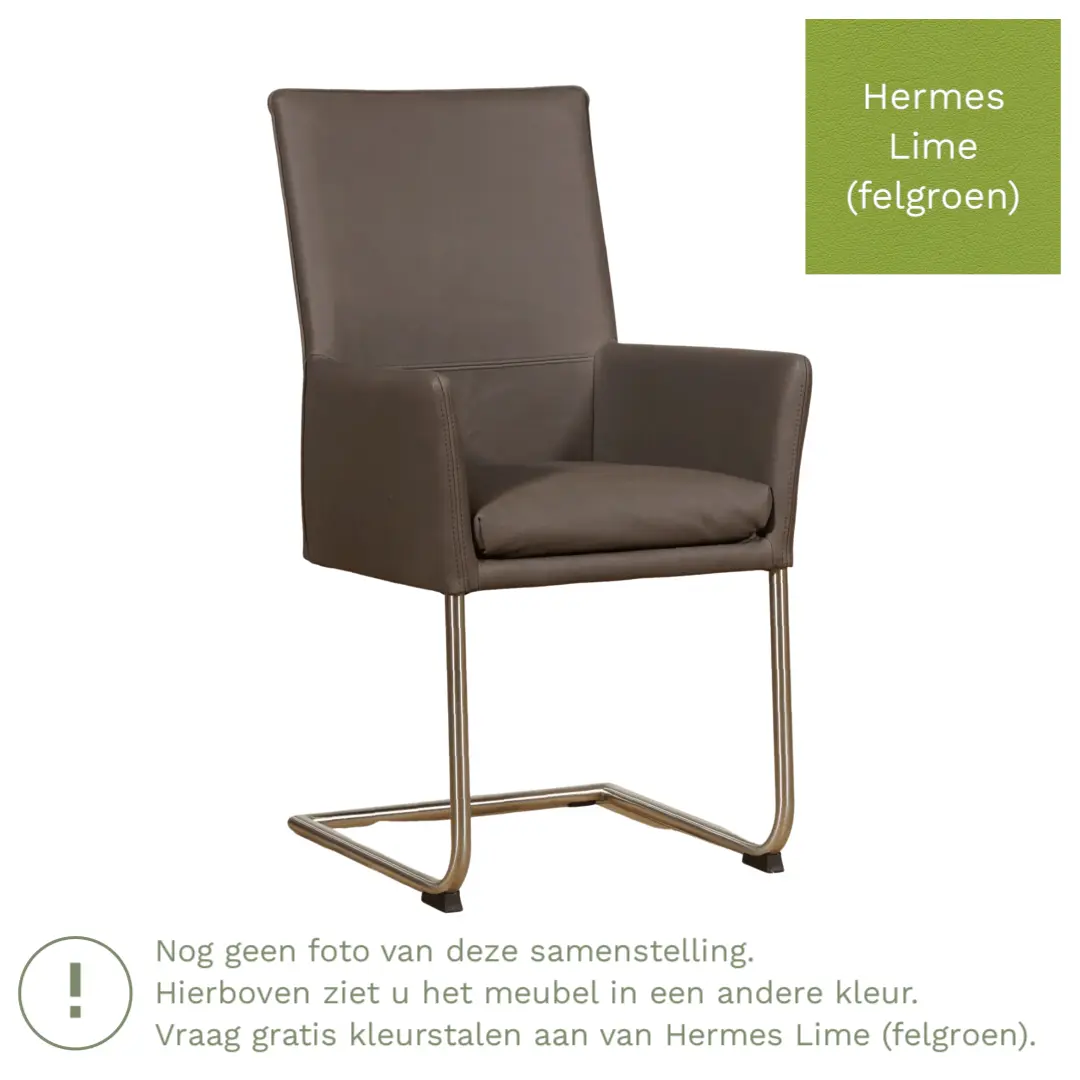 afbeelding van Leren eetkamerstoel Rumor - Hermes Lime (felgroen) - Sledepoot staal rond zwart