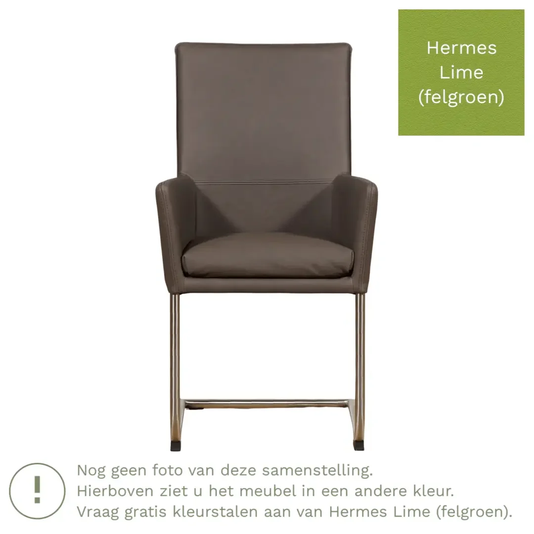 afbeelding van Leren eetkamerstoel Rumor - Hermes Lime (felgroen) - Sledepoot staal rond zwart