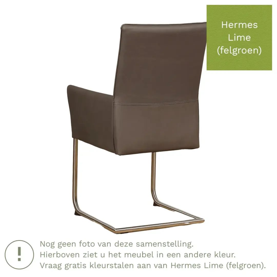 afbeelding van Leren eetkamerstoel Rumor - Hermes Lime (felgroen) - Sledepoot staal rond zwart