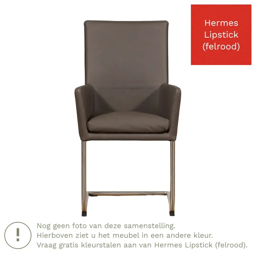 afbeelding van Leren eetkamerstoel Rumor - Hermes Lipstick (felrood) - Sledepoot staal rond RVS