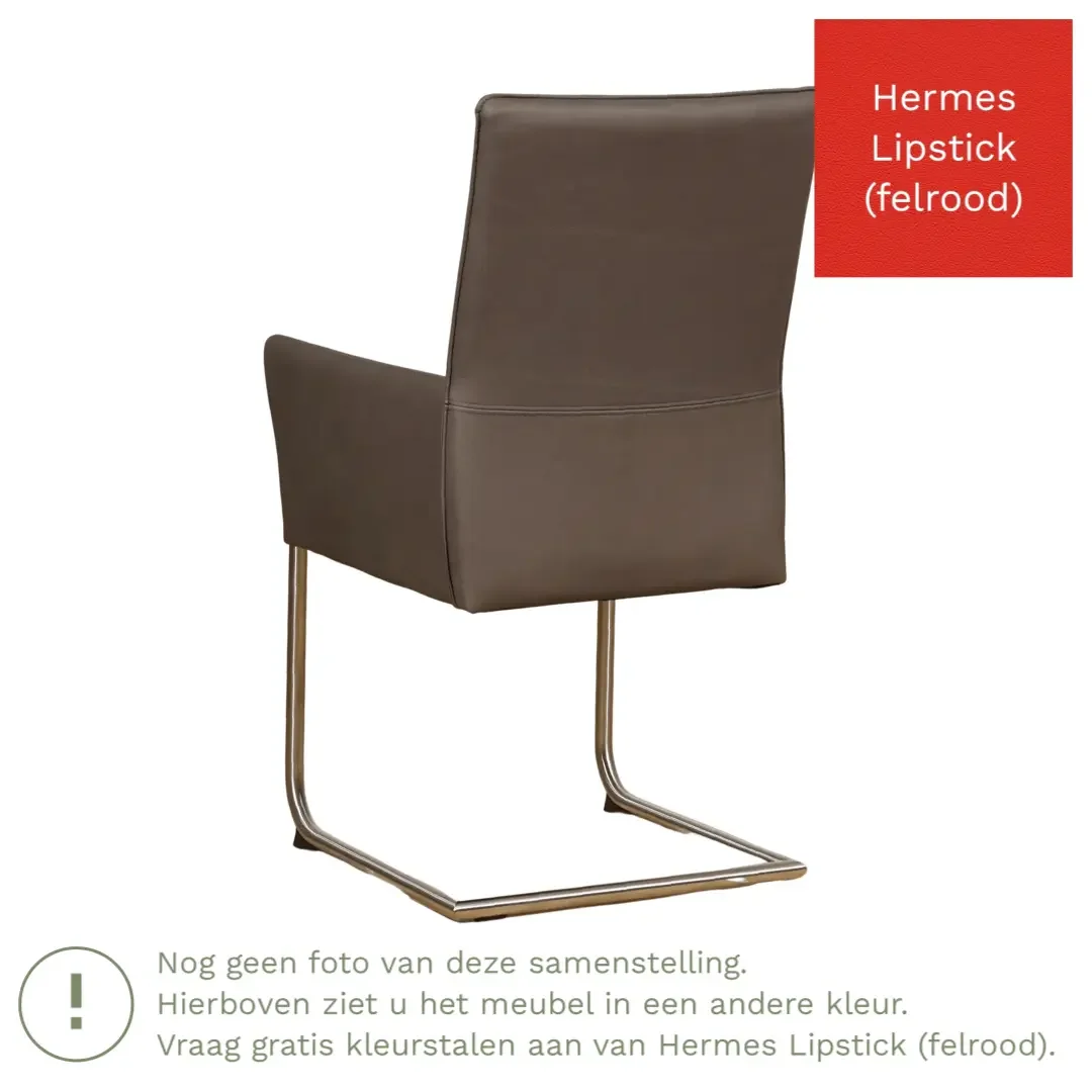afbeelding van Leren eetkamerstoel Rumor - Hermes Lipstick (felrood) - Sledepoot staal rond RVS