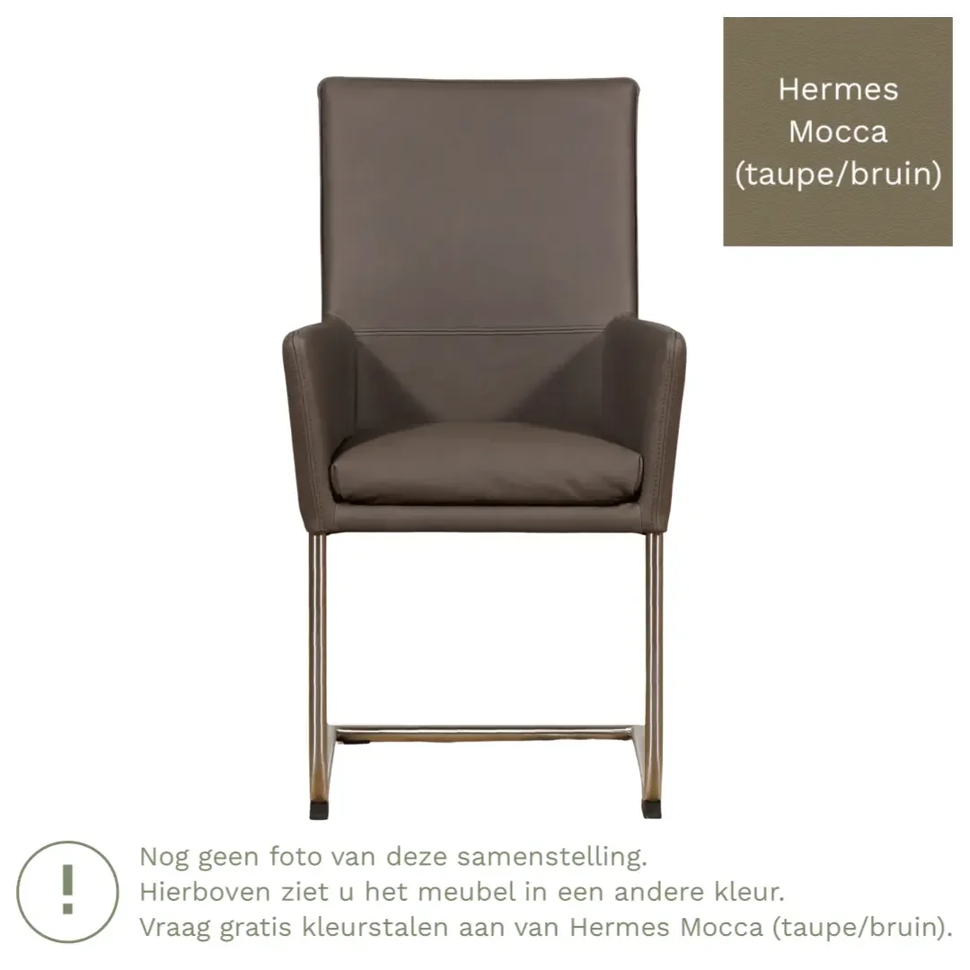afbeelding van Leren eetkamerstoel Rumor - Hermes Mocca (taupe/bruin) - Sledepoot staal rond RVS