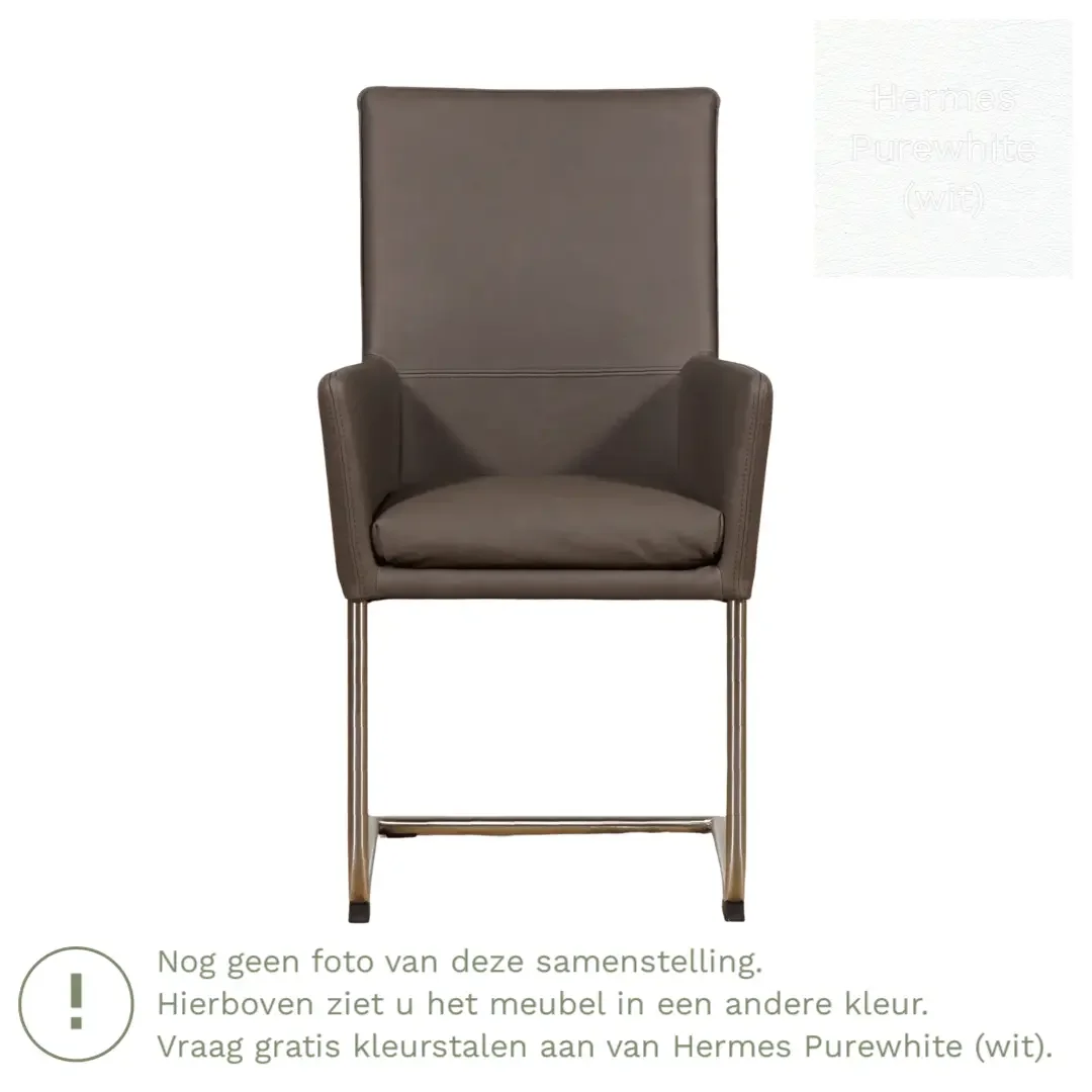 afbeelding van Leren eetkamerstoel Rumor - Hermes Purewhite (wit) - Sledepoot staal rond RVS
