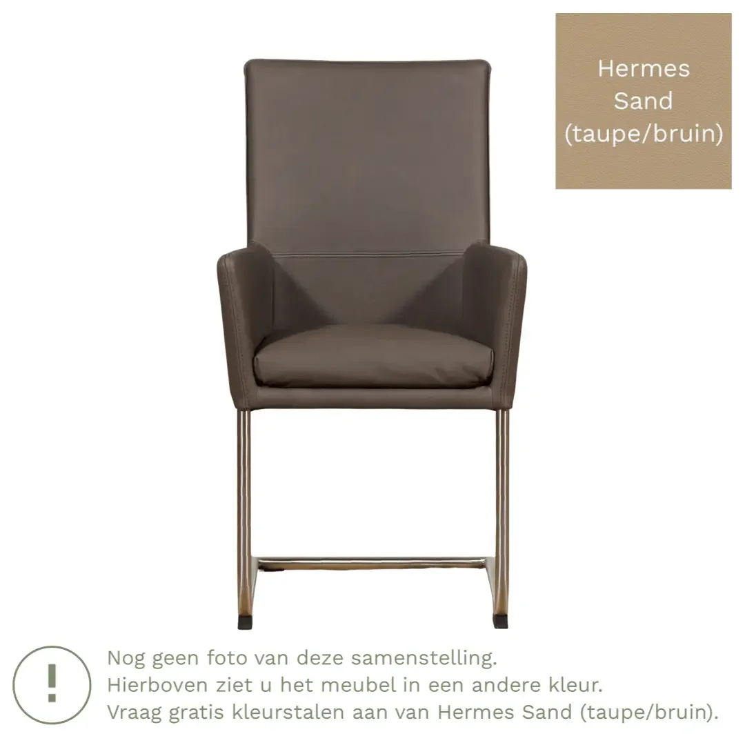 afbeelding van Leren eetkamerstoel Rumor - Hermes Sand (taupe/bruin) - Sledepoot staal rond zwart