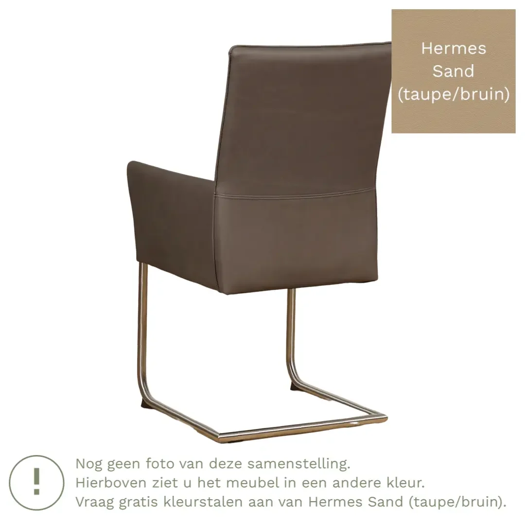 afbeelding van Leren eetkamerstoel Rumor - Hermes Sand (taupe/bruin) - Sledepoot staal rond zwart