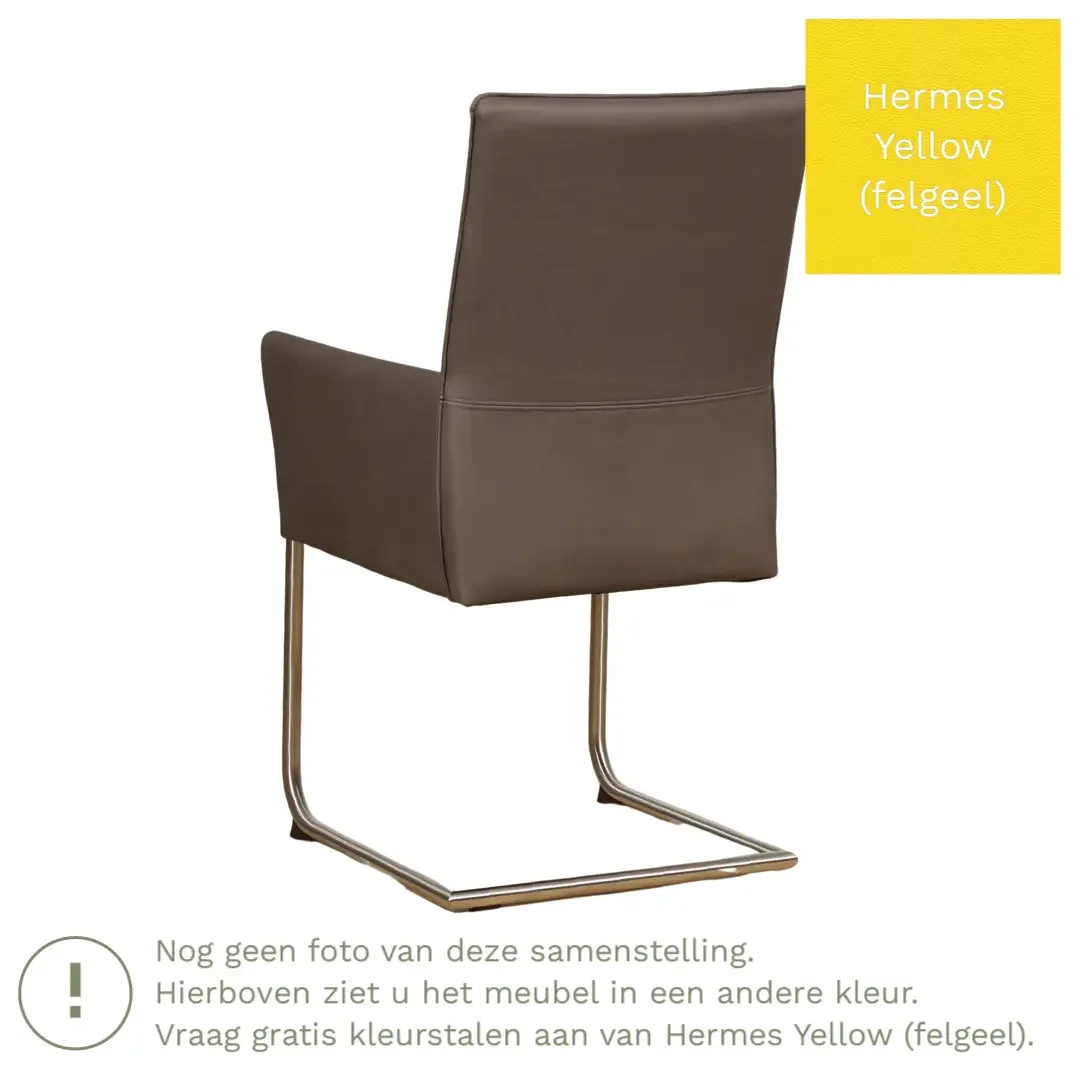 afbeelding van Leren eetkamerstoel Rumor - Hermes Yellow (felgeel) - Sledepoot staal rond RVS