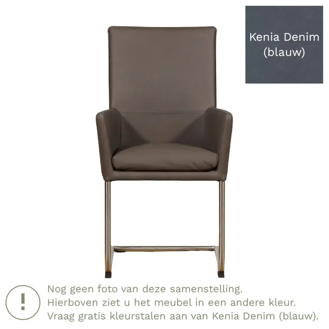 afbeelding van Leren eetkamerstoel Rumor - Kenia Denim (blauw) - Sledepoot staal rond zwart