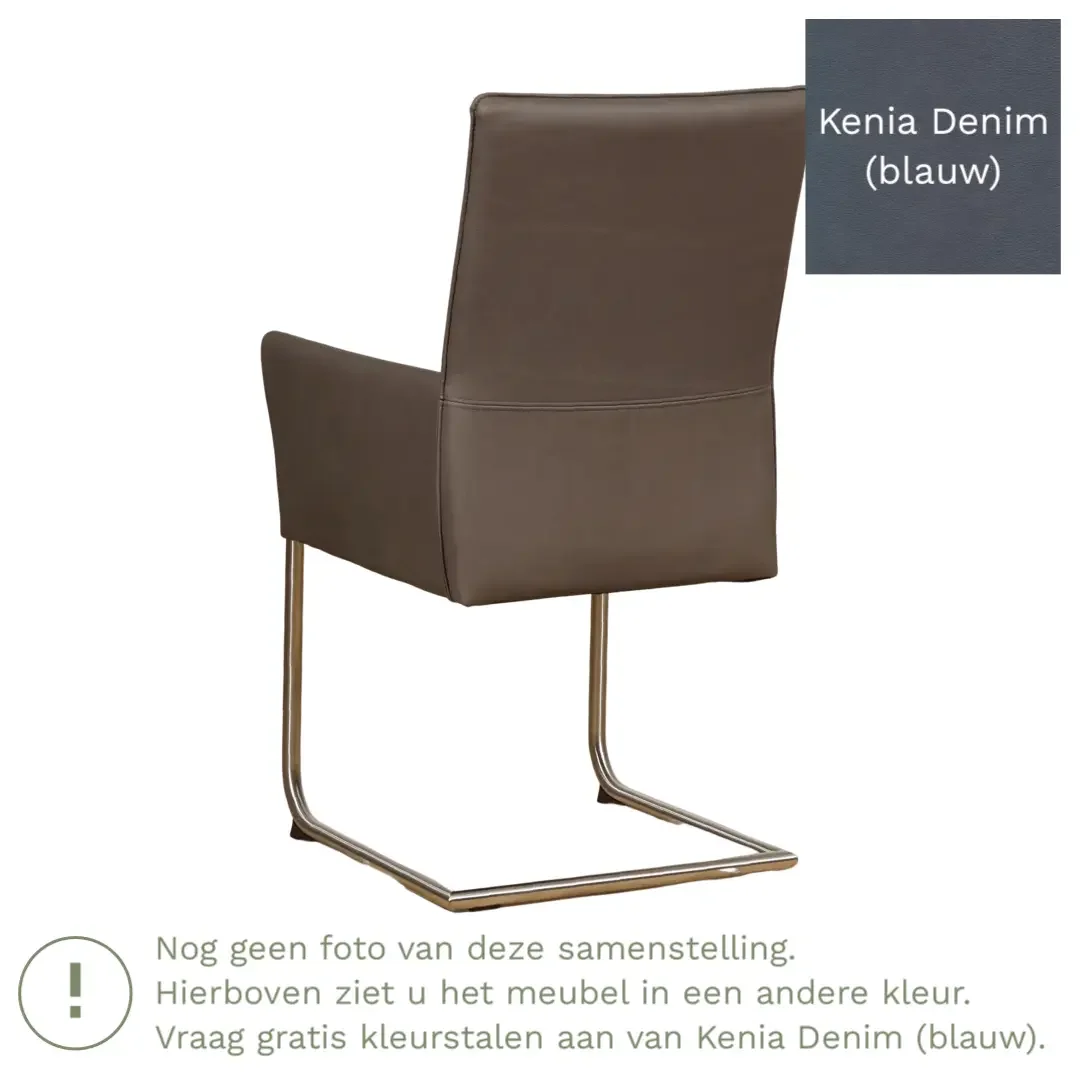 afbeelding van Leren eetkamerstoel Rumor - Kenia Denim (blauw) - Sledepoot staal rond zwart
