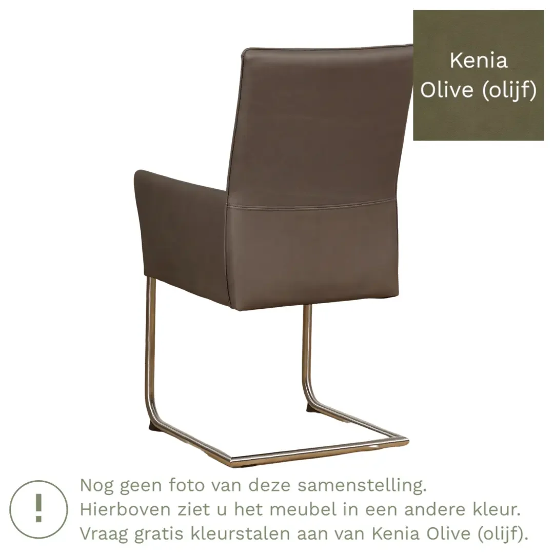 afbeelding van Leren eetkamerstoel Rumor - Kenia Olive (olijf) - Sledepoot staal rond RVS