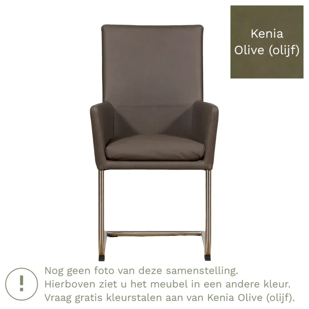 afbeelding van Leren eetkamerstoel Rumor - Kenia Olive (olijf) - Sledepoot staal rond zwart