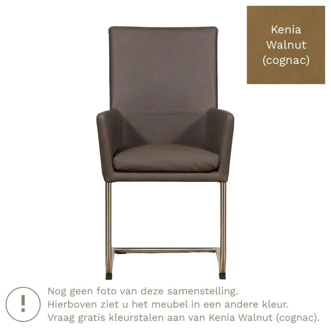 afbeelding van Leren eetkamerstoel Rumor - Kenia Walnut (cognac) - Sledepoot staal rond RVS