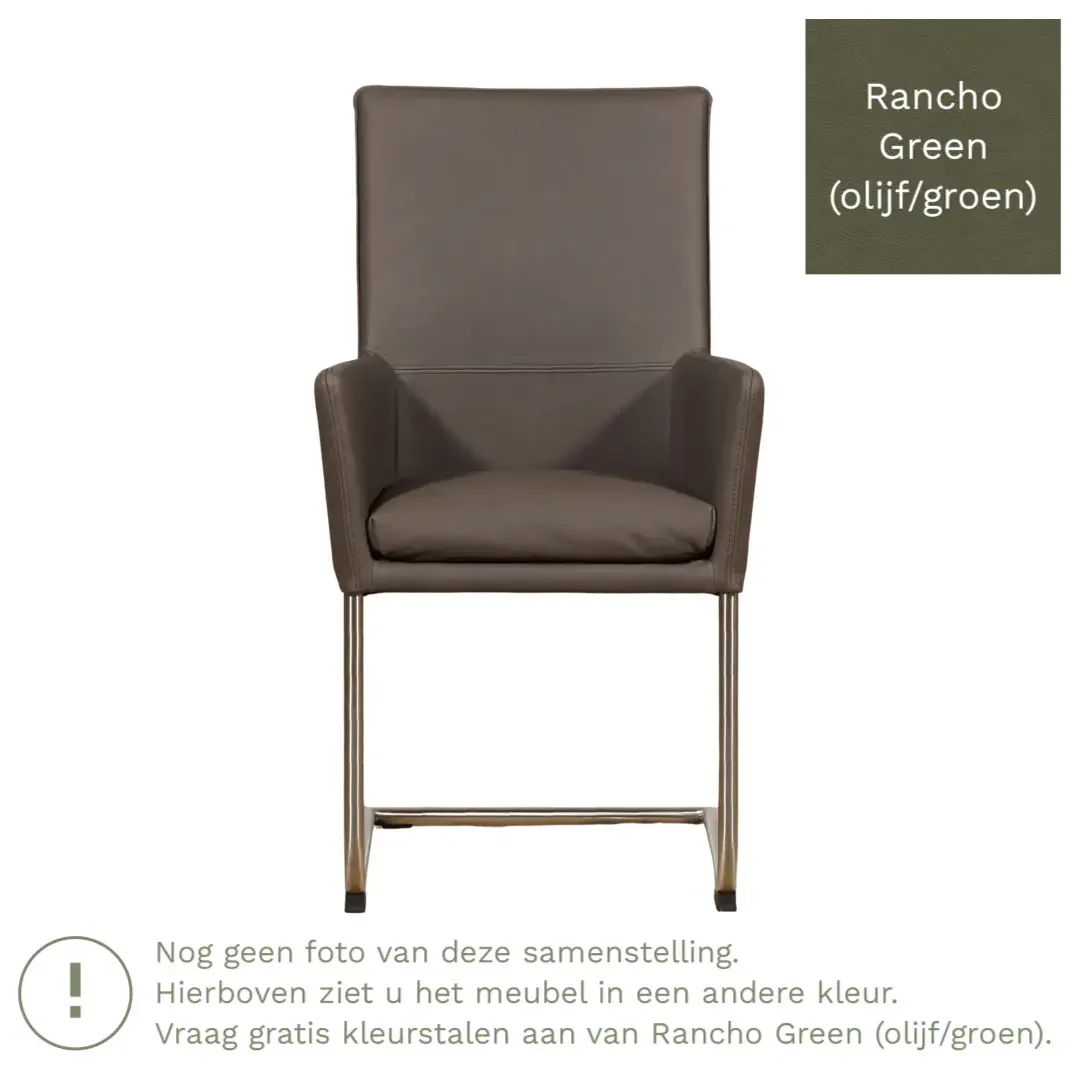 afbeelding van Leren eetkamerstoel Rumor - Rancho Green (olijf/groen) - Sledepoot staal rond RVS