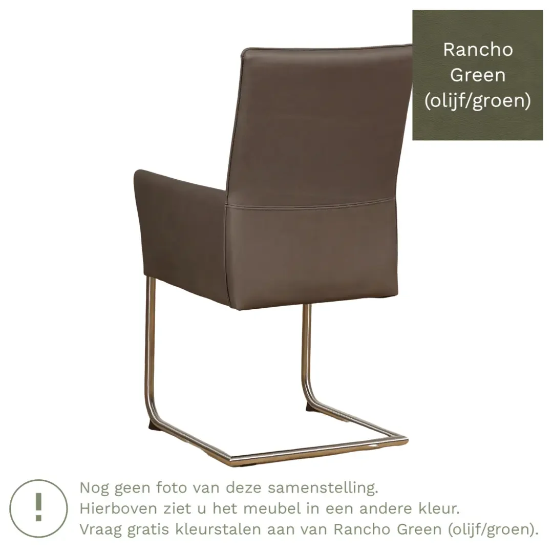 afbeelding van Leren eetkamerstoel Rumor - Rancho Green (olijf/groen) - Sledepoot staal rond RVS
