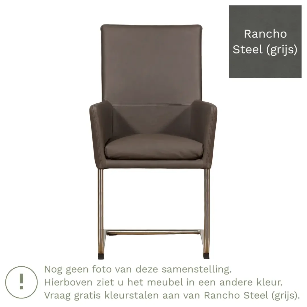 afbeelding van Leren eetkamerstoel Rumor - Rancho Steel (grijs) - Sledepoot staal rond zwart