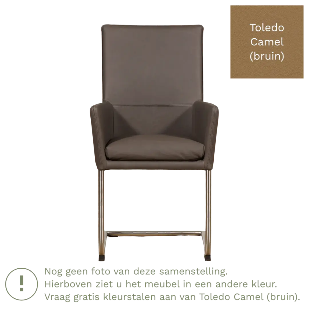 afbeelding van Leren eetkamerstoel Rumor - Toledo Camel (bruin) - Sledepoot staal rond RVS