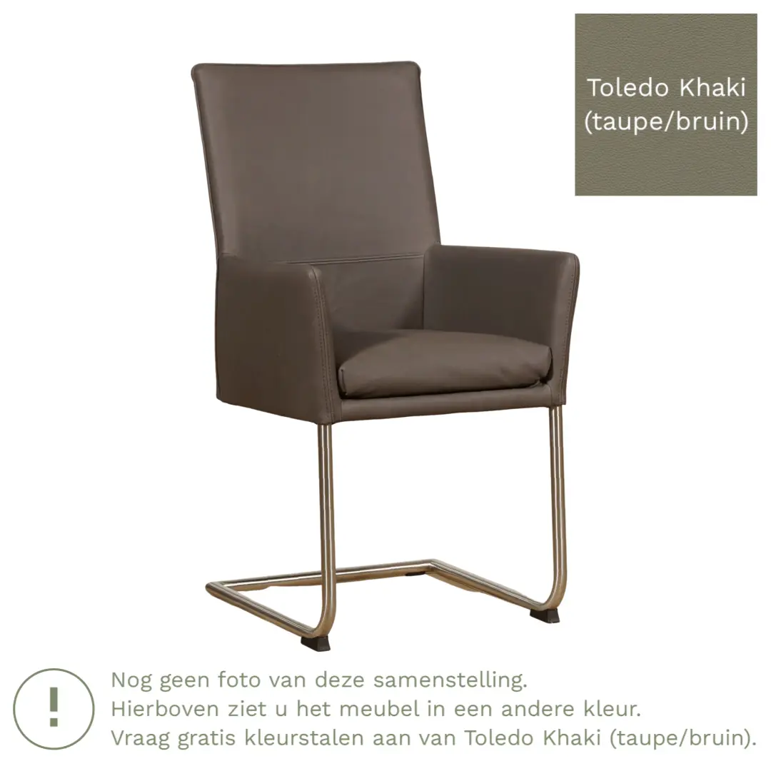 afbeelding van Leren eetkamerstoel Rumor - Toledo Khaki (taupe/bruin) - Sledepoot staal rond RVS