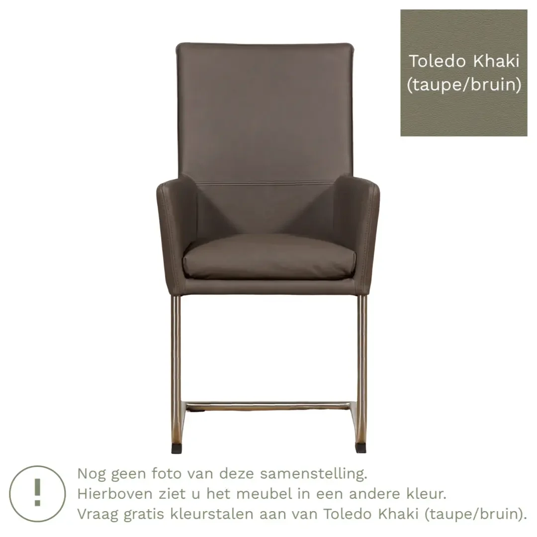 afbeelding van Leren eetkamerstoel Rumor - Toledo Khaki (taupe/bruin) - Sledepoot staal rond RVS