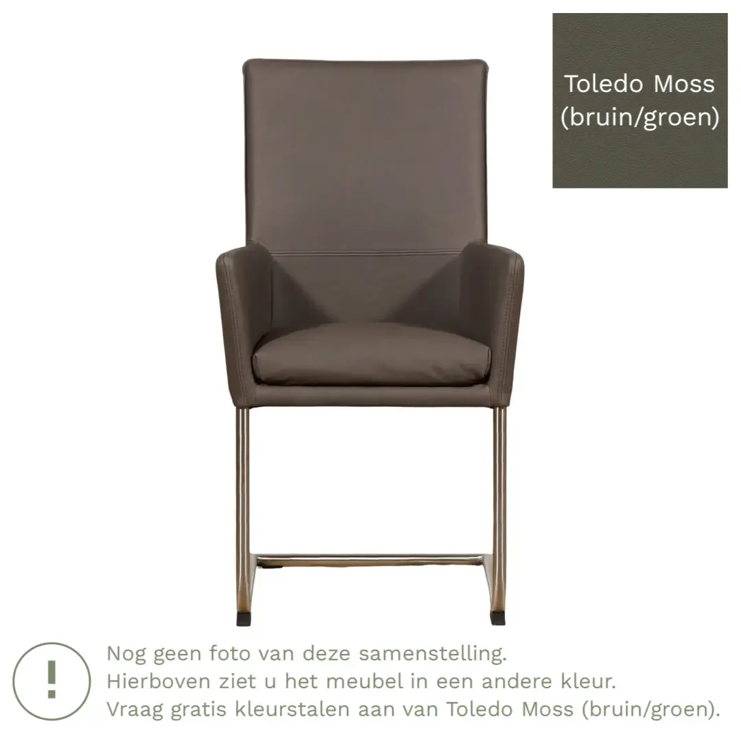 afbeelding van Leren eetkamerstoel Rumor - Toledo Moss (bruin/groen) - Sledepoot staal rond RVS