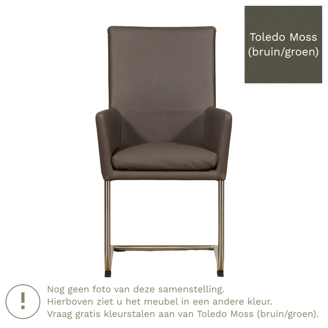 afbeelding van Leren eetkamerstoel Rumor - Toledo Moss (bruin/groen) - Sledepoot staal rond zwart