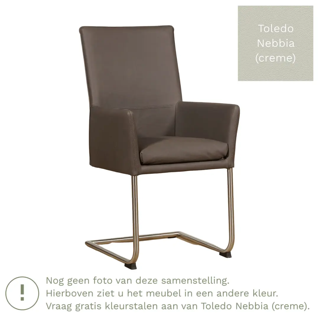 afbeelding van Leren eetkamerstoel Rumor - Toledo Nebbia (crème) - Sledepoot staal rond RVS