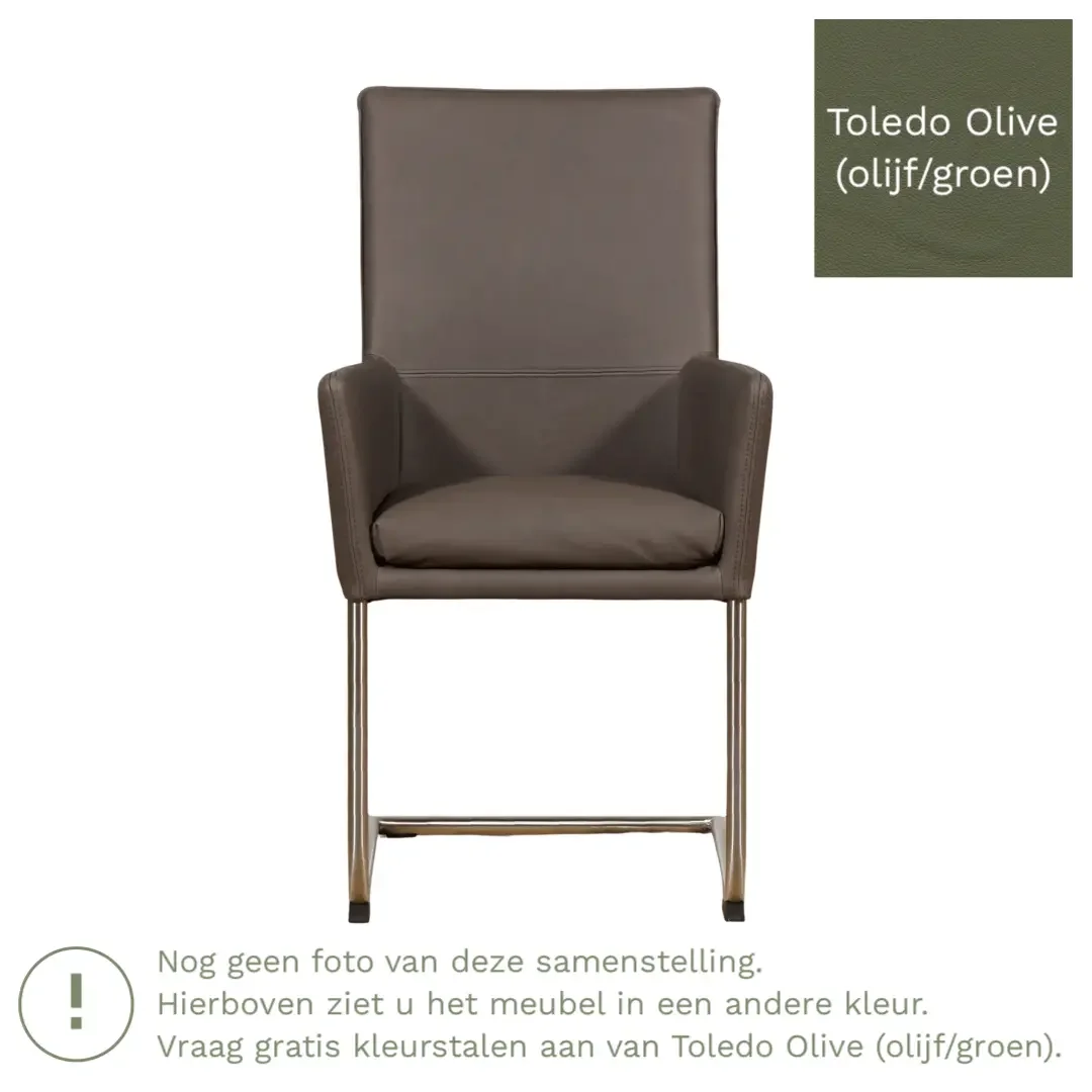 afbeelding van Leren eetkamerstoel Rumor - Toledo Olive (olijf/goen) - Sledepoot staal rond zwart