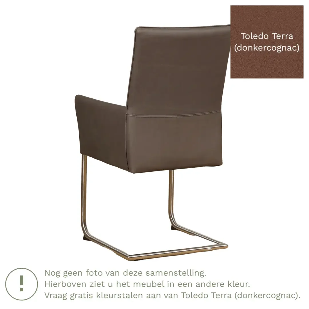 afbeelding van Leren eetkamerstoel Rumor - Toledo Terra (donkercognac) - Sledepoot staal rond zwart